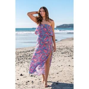 La Blanca Pebble Beach Bandeau Maxi Dress Strapless Paisley Print Size Small